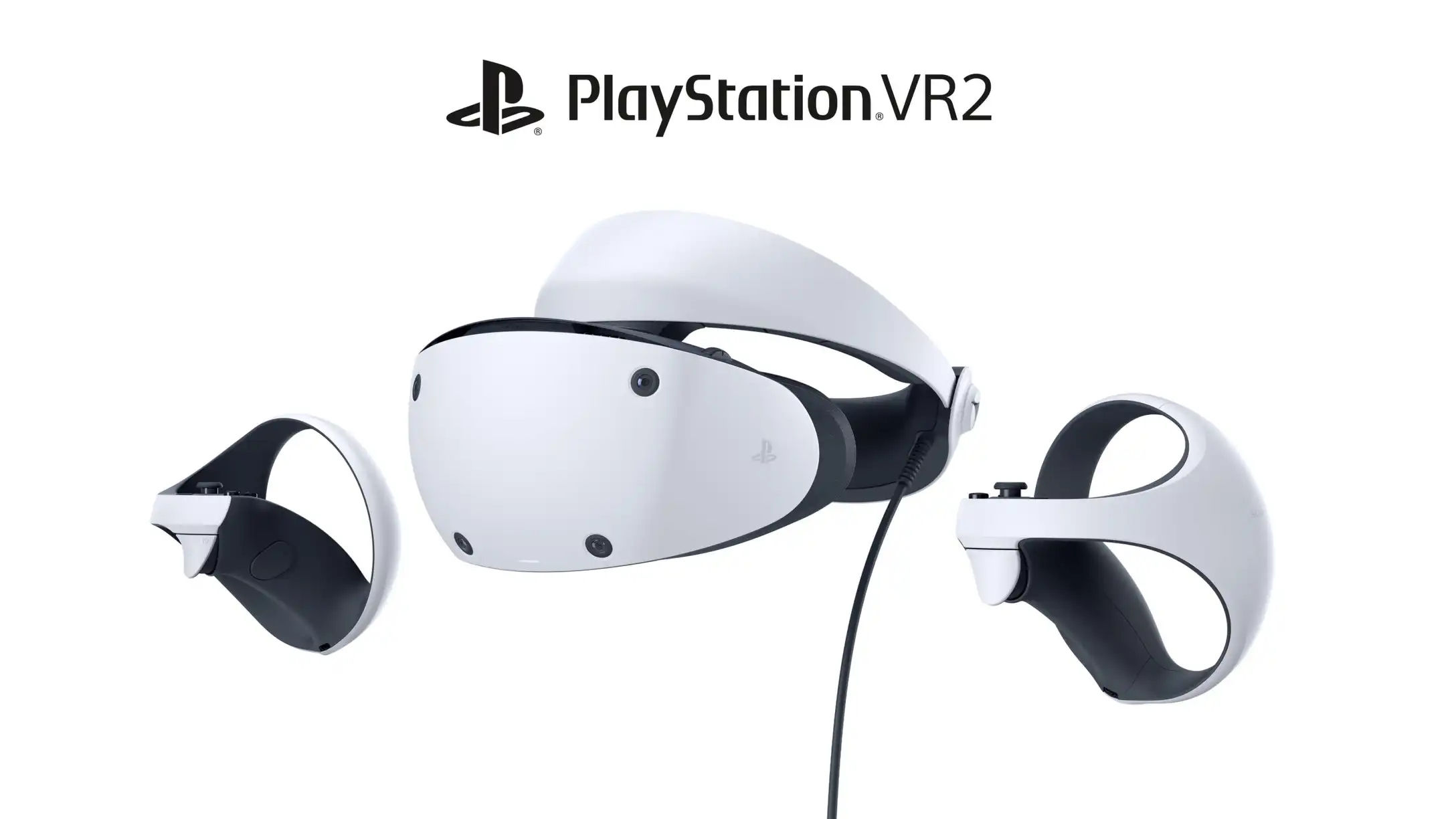 A photo of PlayStation VR 2, a VR headset and hand controllers.